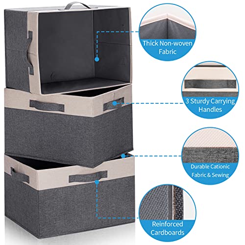 GhvyenntteS Large Fabric Storage Bins for Shelves with 3 Handles, 15x11x9.6 Inch Closet Storage Bins, Sturdy Foldable Storage Baskets for Shelves Closet Bedroom Living Room Office (Beige, Set of 3) - color: Grey & Beige, size: Large-3 Pack