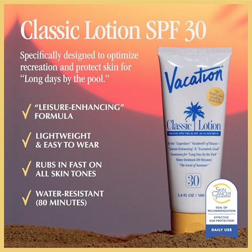 Vacation Classic SPF 30 Sunscreen Lotion, 3.4 Fluid Ounces, Pack of 3 - Invisible, No White Cast, Water-Resistant, Vegan, Dermatologist-Tested, Travel Size - size: 3.4 Fl Oz (Pack of 3), style: SPF 30