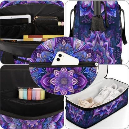 Travel Duffle Bags With Shoes Compartment for Women Men Purple Mandala Lightweigh Sports Tote Gym Bag Boho Flower Foldable Canvas Weekender Overnight Carry On Luggage Handle Bag - color: B03:Purple Mandala