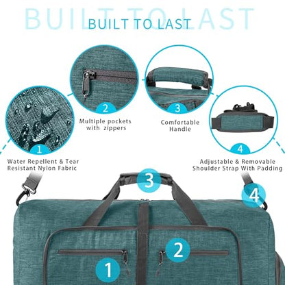 Vomgomfom 65L/85L/115L Foldable Travel Duffle Bag, Lightweight Checked Luggage with Shoe Compartment, Water-Resistant Weekender Overnight Bag for Men & Women - color: F Green, size: 85L