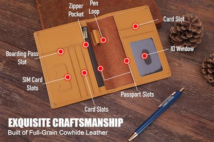STAR VISTA Phoenix Leather Passport Holder, Calfskin Travel Wallet - RFID Blocking, ID Window, Zipper Pocket, Pen & Notebook Included, Honey - color: Honey Calfskin