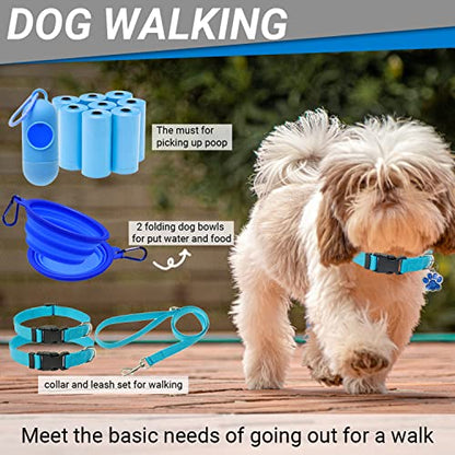 FLYSTAR Puppy Starter Kit for Small Dogs, 26 pcs Include Dog Toys, Collar and Leash, Training Clicker, Treat Bag, Poop Waste Bag with Dispenser, Blanket, Grooming Glove, Bowls, Toothbrush, etc - color: Blue, size: 26 pcs