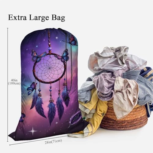 Swono Dreamcatcher Laundry Bag with Drawstring Closure, Foldable, Lightweight, 28" X 40" Watercolor Ethnic Butterflies Feathers Packable Dirty Clothes Pouch for Home Dorm, Camp, Road Trip - color: Dreamcatcher