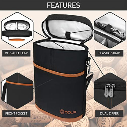 opux 2 Bottle Wine Carrier Tote, Insulated Leakproof Wine Cooler Bag, Wine Travel Bag Tote for Picnic BYOB Beach, Portable Wine Bottle Carrying Case, Gift for Wine Lover Women Men Christmas, Brown - color: Brown