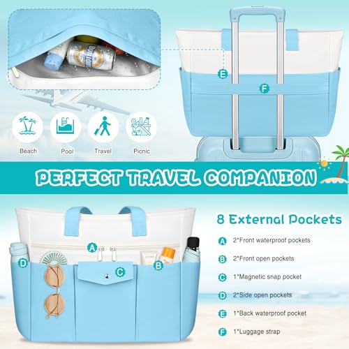 Beach Bags for Women Large Canvas Beach Tote with Zipper Wet Pocket, Waterproof Foldable Swim Pool Travel Tote Bags - color: Light Blue