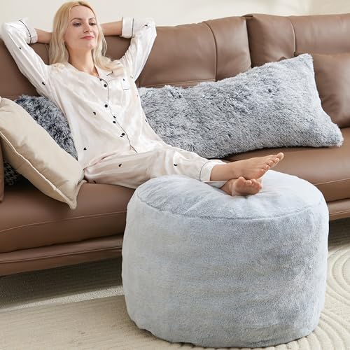WSOFRLAC Boho Ottoman Living Room Furniture 26"x18" Large Round Ottomans Pouf Couch Foot Rest Grey Pouf Ottoman Foot Rest with Foam Chunk Filling Pouffe Ottomans Stuffed Foot Rest Poufs for Couch - color: Light Grey, size: 26"D x 26"W x 18"H
