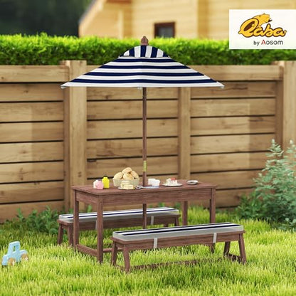 Qaba Kids Picnic Table, Outdoor Wooden Table & Bench Set with Cushions and Umbrella, Children Backyard Furniture for Patio, Garden, Navy Blue
