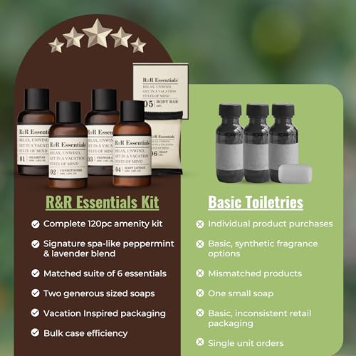 R&R Essentials Hotel Soaps and Toiletries Bundle, Vacation Home Amenities Kit - 1.5oz Shampoo, Conditioner, Shower Gel, Lotion And 2 Bar Soaps - Travel Size (120 pc) - style: Unboxed/Bulk