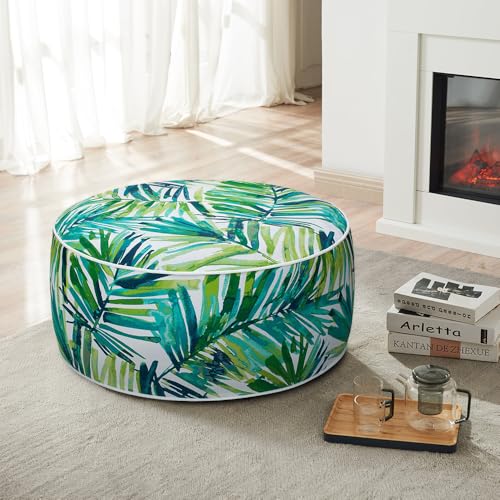 Magpie Fabrics Inflatable Stool Ottoman Pouf D20 xH9, Outdoor Round Footrest Footstool, Portable for Patio Garden Travel Camping -Green Palm Leaves - color: Green Palm Leaves