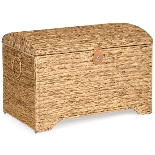 Handwoven Storage Basket with Lid, 178L Wicker Storage Bin, Natural Water Hyacinth, Leather Buckle & Metal Frame, Metal Ring Handles for Easy Transport, Storage Chest & Trunk for Bedroom, Living Room - color: Natural Water Hyacinth, size: 178L-Arched Lid