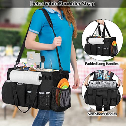 HODRANT Large Grill Utensil Caddy with Paper Towel Holder, Outdoor Picnic Bag Organizer for BBQ Supplies Tool, Tailgating Accessory Basket Camping Gear Must Haves for Cook Essentials, Black, Bag Only