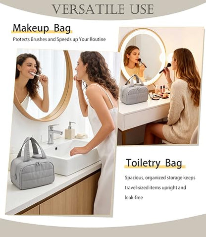 Travel Toiletry Bag for Women, Large Wide-open Puffy Cosmetic Makeup Bag with Wet-Dry Separation, Multi-Pocket Organizer with Carry Handle for Toiletries, Cosmetics, Essentials, Light Grey - color: Light Grey