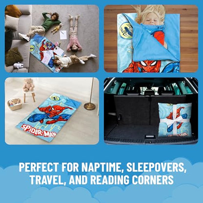 Jay Franco Kids Slumber Bag and Pillow - 54 x 27 Inch Comfy Indoor Sleeping Bag for School and Sleepovers, 2 Piece Set, Blue - Spiderman - color: Blue - Spiderman