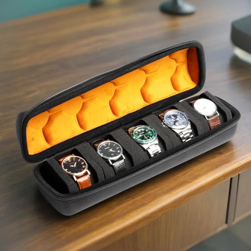 5 slot watch case for travel and storage, hard Watch Roll Organizer holder for Men and Women with microfiber lining - size: 5 slots