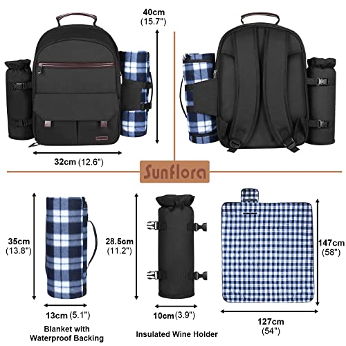 Sunflora Insulated Picnic Backpack for 2 Person Bag with Cooler Compartment, Wine Pouch, Blanket and Stainless Steel Cutlery Set for Couple, Lovers and Friends (Black) - color: Black, size: 2 person
