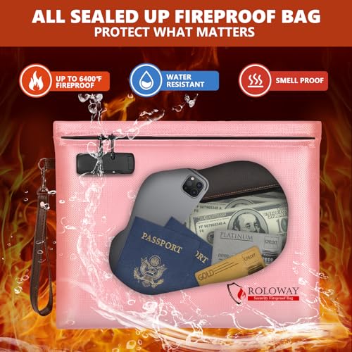 ROLOWAY Fireproof Document Bag (14.5 x 11.5 inch), 6400℉ Fireproof Money Bag with Zipper for Cash, Fire Safe Money Pouch with Lock (Pink) - color: Pink