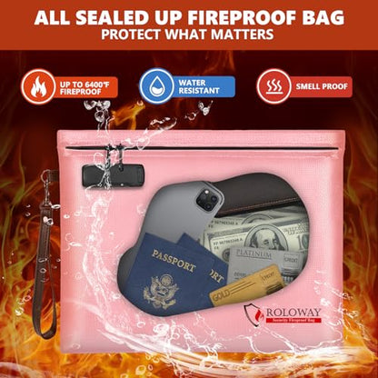 ROLOWAY Fireproof Document Bag (14.5 x 11.5 inch), 6400℉ Fireproof Money Bag with Zipper for Cash, Fire Safe Money Pouch with Lock (Pink) - color: Pink