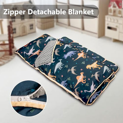 Primlect Toddler Nap Mat Extra Large Thickened 55''x35'', Soft Sleeping Bag with Detachable Minky Blanket and Pillow, Portable for Daycare, Preschool, Kindergarten, Travel, Boys and Girls - color: Green Dinosaur