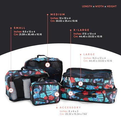 Disney Minnie Mickey Stitch Packing Cubes - Winnie the Pooh, Princess Cinderella, Cars, Toy Story 5 Piece Packing Cubes Compression - Travel Essential - Luggage Suitcase Organizer Set - color: Black Stitch