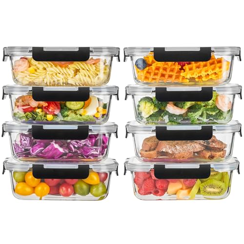 Liuruiyu 8 Pack 36OZ Glass Food Storage Containers with Lids, Meal Prep Containers, Airtight Bento Boxes with Leak Proof Locking for Microwave, Oven, Freezer and Dishwasher, BPA Free - color: 8 Pack-(36oz)