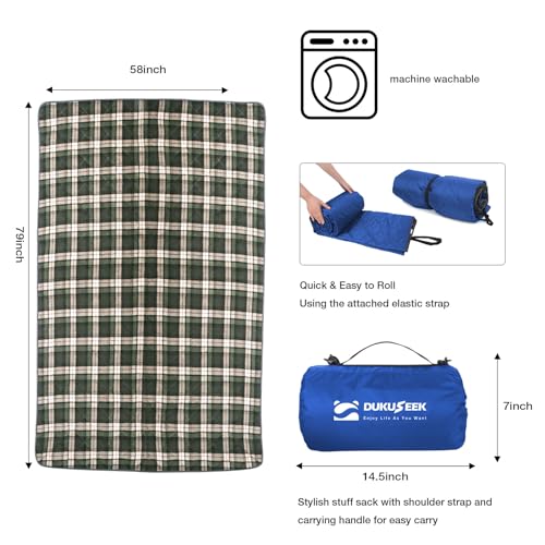 DUKUSEEK Hooded Outdoor Blanket, Waterproof Camping Blanket, Quilted, Thick Fleece, Warm, Windproof, Sand Proof, Portable and Wear-Resistant, Perfect for Stadium, Picnic, Camping - color: Dark Blue Outer With Blue Plaid Fleece