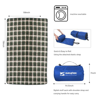 DUKUSEEK Hooded Outdoor Blanket, Waterproof Camping Blanket, Quilted, Thick Fleece, Warm, Windproof, Sand Proof, Portable and Wear-Resistant, Perfect for Stadium, Picnic, Camping - color: Dark Blue Outer With Blue Plaid Fleece