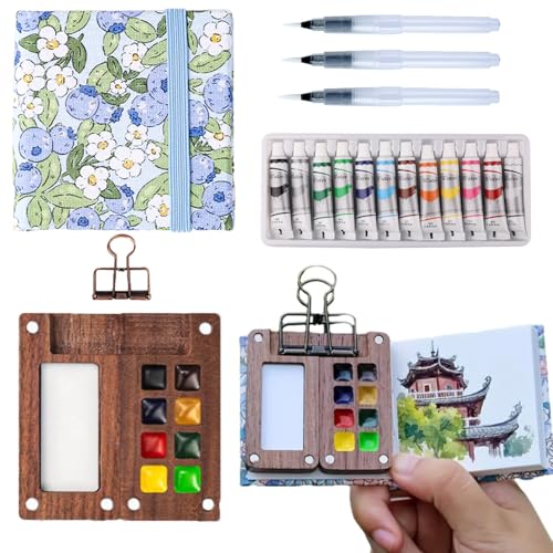 Aimery Mini Watercolor Paint Travel Set, Portable Pocket Size Water Color Painting Kit with Wooden Palette, Refillable Brush & Sketchbook(Blueberry) – Gift for Birthdays, Beginners, Art Lovers - style: Blueberry