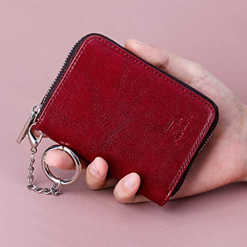FurArt Zipper Wallet Women, RFID Blocking Credit Card Wallet, Business Card Holder, Compact Size KeyChain Wallet - color: Dark Red