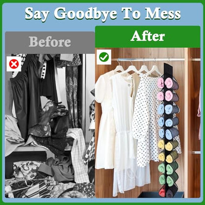 2 Pack Legging Storage Organizer, Hanging Legging Storage Hanger with 20 Roll Compartments, Foldable Clothes Roll Holder for Yoga T-Shirts Pants Jeans Towels