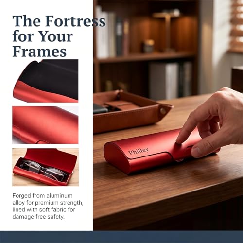Philley Aluminum Ultra-Light Eyeglasses Case Hard Shell Nearsighted Glasses Case for Women & Men - color: Grapefruit Red