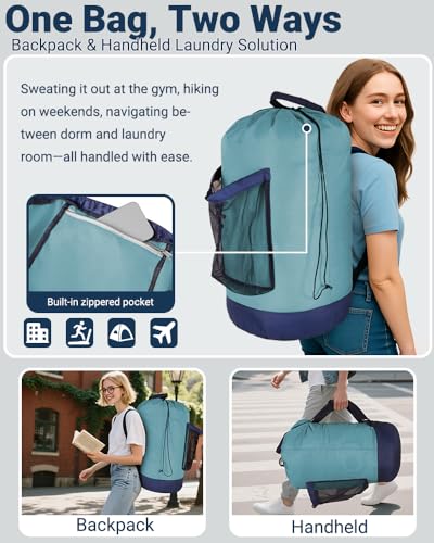 Laundry Bag with Shoulder Straps and Mesh Pocket Laundry Backpack Large Portable Laundry Hamper for College Laundromat Apartment - color: Lake Blue & Dark Blue