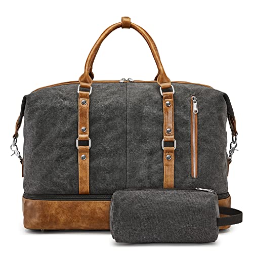 S-ZONE Weekender Bag for Men Canvas Duffle Large Weekend Overnight Travel Carry On Tote Bag with Shoe Compartment Black - color: B-Black
