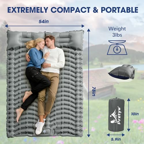 Double Sleeping Pad for Camping - Ultralight Air Mattress with Pillows, Built-in Foot Pump, Compact Inflatable 2-Person Portable Mat for Backpacking, Hiking, Tent, Car Travel, Beach，Road Trip - color: Cool Grey