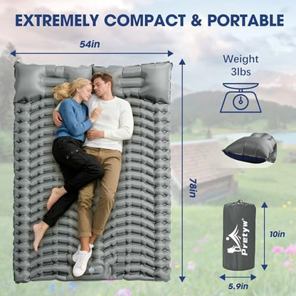 Double Sleeping Pad for Camping - Ultralight Air Mattress with Pillows, Built-in Foot Pump, Compact Inflatable 2-Person Portable Mat for Backpacking, Hiking, Tent, Car Travel, Beach，Road Trip - color: Cool Grey