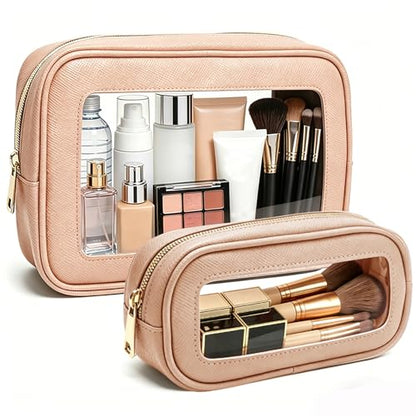 2Pcs Clear Makeup Bags Set - Portable Clear Cosmetic Bag Case Travel Makeup Brush Bag Waterproof Makeup Pouch TSA Approved Toiletry Bag Car Organizer Bag for Women (Dusty Pink Set) - color: Dusty Pink Set