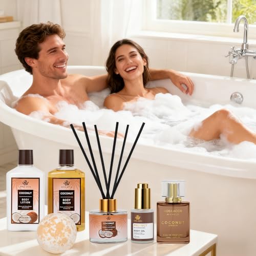 35 Pcs Coconut Vanilla Spa Gift Basket for Women & Men, Face Skin Care Set, Bath & Body Set, Self Care Pamper Kit, Diffuser, Bath Bomb, Birthday, Christmas, Valentines, Mother Day, Anniversary