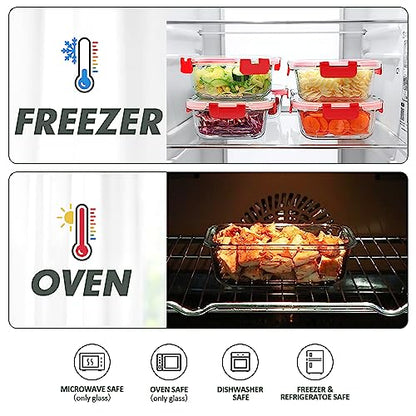 VERONES 12 Packs Glass Food Storage Containers Set, Airtight Glass Lunch Containers, Glass Meal Prep Containers with Lids,Exclusive of BPA, for Microwave, Oven, Freezer & Dishwasher Friendly,Red - color: Red