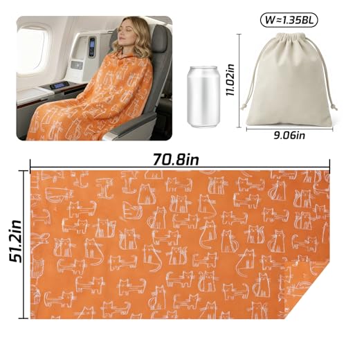 Travel Blanket Airplane - Ultra Soft & Lightweight Knit Design Compact Airplane Blanket,53x72 Inch,Stylish Travel Shawl Wraps for Flights,Office,Home Use,Travel Essentials & Gifts - color: Orange Cat Print