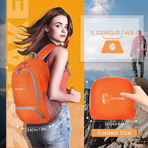 ZOMAKE Lightweight Packable Backpack 30L, Foldable Hiking Backpacks Water Resistant Compact Folding Daypack for Travel(Orange) - color: Orange