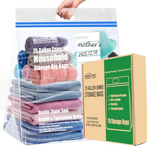 BEIDOU-PAC 25 Gallon Jumbo Storage Bags with Handle, 15 Count | Double Zipper Seal | Expandable Bottom, Resealable Clear zip Bags for Home, Travel, Moving, Commercial and Outdoor - style: Zip-25 gallon-15 count