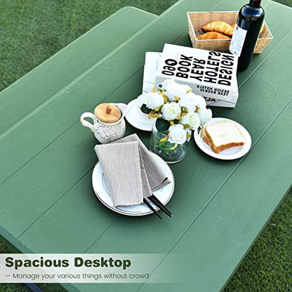 S AFSTAR Picnic Table Bench Set, 59” Expanded Rectangular Picnic Table, Outdoor Table and Bench W/Steel Frame & Wood-Like Texture Tabletop, Camping Table Chair Set for Garden Patio Lawn Deck (Green) - color: Green