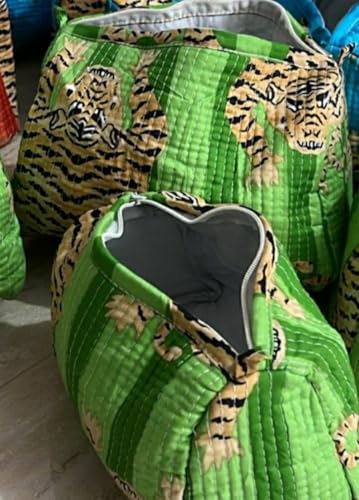 YILLE Set of 3 Pieces Block Printed Travel Organizer Kit Storage Bag for Women Makeup Bag Travel Cosmetic Bag (Green Fat tiger) - color: Green Fat tiger