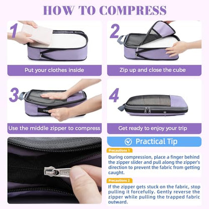 BAGAIL 4 Set/6 Set/8 Set Compression Packing Cubes Travel Accessories Expandable Packing Organizers(HalfMesh,8-Dusty Purple) - color: 8-Dusty Purple, style: Half Mesh