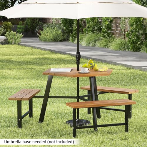 Tangkula 6 Person Acacia Wood Picnic Table, Outdoor Hexagonal Table and Bench Set with 3 Built-in Benches, Umbrella Hole & Metal Frame for Patio Backyard Garden Poolside