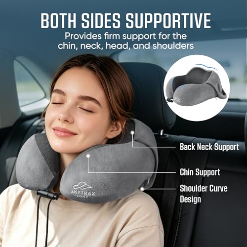 SkytraxComf® Travel Neck Pillow with Hood for Privacy on Long Flights | Memory Foam | Airplane Sleep | Safety-Tested Materials | Extra Large Hood | Chin Support | Earplugs | Washable Cover - color: Light Grey