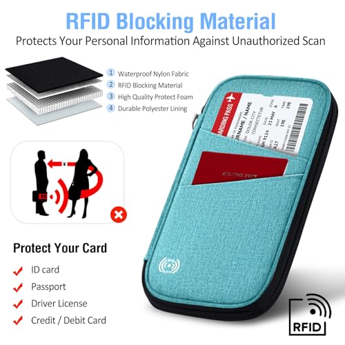 BKNOOU Family Passport Holder RFID Blocking Travel Document Organizer | Large Capacity (5 passports+13 cards), RFID Blocking, Air Travel Essentials, Detachable Wrist Strap and Shoulder Strap - color: 06 Blue