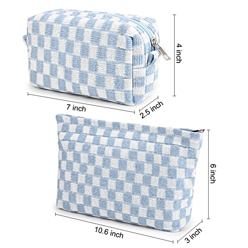 SOIDRAM 2 Pieces Makeup Bag Large Checkered Cosmetic Bag Capacity Canvas Mix Travel Toiletry Bag Organizer Cute Makeup Brushes Aesthetic Accessories Storage Bag for Women, Checkered Mix Blue - color: Blue
