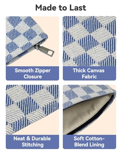 Gingham Canvas Makeup Bag Set Preppy Travel Makeup Pouch for Purse | Premium Thick Canvas Material, Timeless Blue White Checkered, Soft Lining, Daily Use and Gifts - style: Checkered Blue Canvas