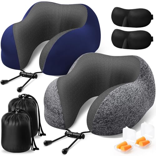 ExploreBliss Travel Pillow, 2 Pack Travel Pillows for Sleeping Airplane, Neck Pillow Airplane, Memory Foam Neck Pillow Set with Eye Mask, Earplugs and Storage Bag -Grey & Blue - color: Grey & Blue