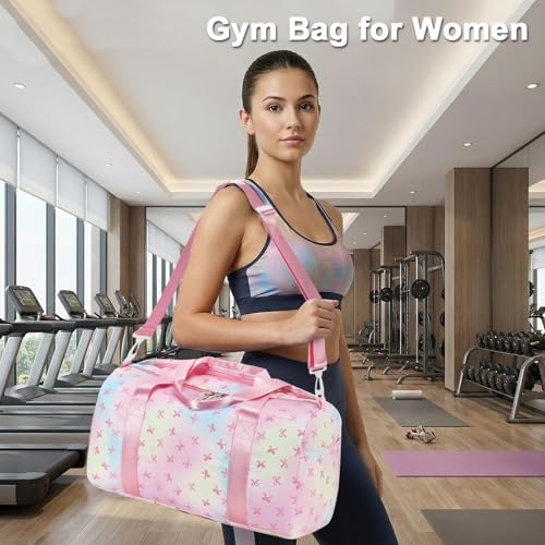 Gym Bag Sports Duffle Bag with Wet Pocket Weekender Overnight Bags with Waterproof Shoe Pouch and Air Hole for Girls Kids Women Workout Travel Bags (Bow Rainbow) - color: Bow Rainbow